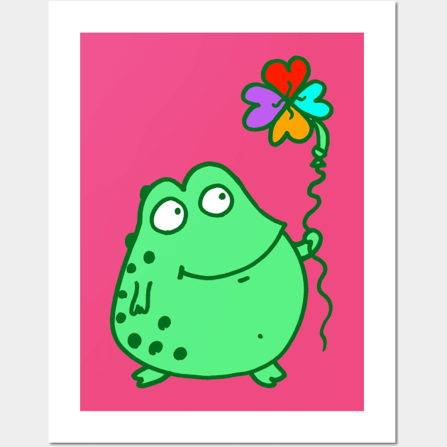 Frog holding rainbow clover balloon! HOT PINK! Wall Art by witterworks